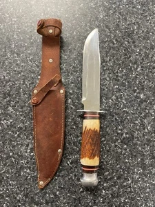 Vintage Japan Fixed Blade Hunting Knife Stag Handle With Leather Sheath 10-1/2" - Picture 1 of 13