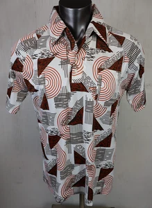 Camisa Discoteca Para Hombres Verdadera Vintage Años 60 70 Abotonada Plateada Zorro Marrón Geométrica M - Imagen 1 de 6