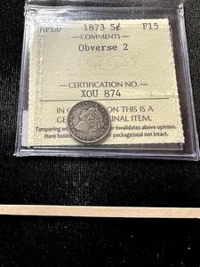 1873 Obv# 2,  ICCS Graded Newfoundland   5¢  **F-15** Cert# XOU 874 - Bild 1 von 8