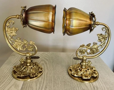 Arts & Crafts/Mission Era Quezal Art Glass Shades Signed With Brass Fixtures - Image 1 of 4