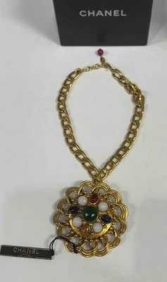 Chanel Vtg 14-16" Runway Necklace Chain Pendant Org Tag Box Gripoix Goldtone COA - Image 1 of 4