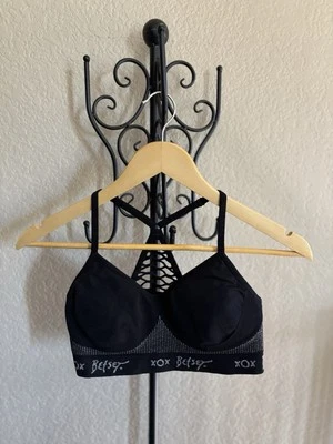 Sujetador deportivo Betsey Johnson talla L negro logotipo diseño trasero red Foto 1 de 4