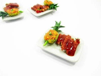 1:6 Dollhouse Miniatures Food Honey Pork Ribs Pineapple Plate 14722 - Image 1 of 4