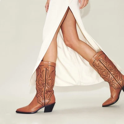 女士复古粗跟及膝高筒骑行靴牛仔战斗靴 US8 — 第 1/2 张图片