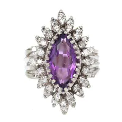 Marquise Shaped Purple Amethyst & Round White CZ 3.45TCW Awesome Cocktail Ring - Image 1 of 4