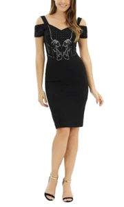 Karen Millen Black Dress Embellished Bardot Pencil Deep V Cut Back Party UK 14 - Picture 1 of 10