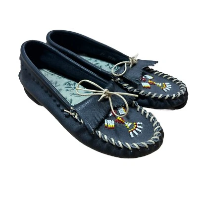 TAOS Vtg Moccasins Shoes Black Beaded Leather Bottom Suede 80s Women’s Size 6.5 - Image 1 of 4