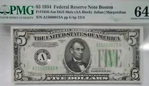 $5 1934 fr 1956-Am DGS Mule AA Block Boston PMG 64 LIGHT GREEN SEAL Rare Note - Picture 1 of 10