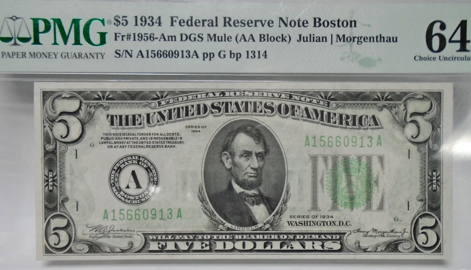$5 1934 fr 1956-Am DGS Mule AA Block Boston PMG 64 LIGHT GREEN SEAL Rare Note - Image 1 of 4