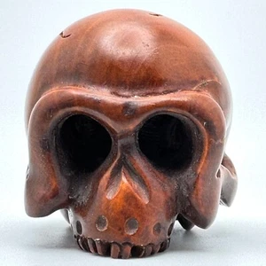 Escultura tallada en madera dura calavera grande Netsuke japonesa vintage - Imagen 1 de 10