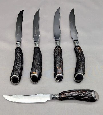 Vtg. GEO. Wostenholm & Son I*XL Sterling Band Stag Antler Steak Knifes Sheffield - Image 1 of 4