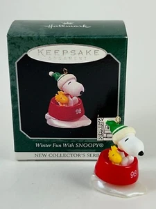 1998 Winter Fun with Snoopy #1 - Hallmark Miniature Ornament - Dog Bowl Sledding - Picture 1 of 10
