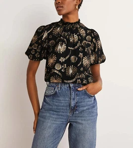 Boden Smocked Neck Puff Ball top size 12 black & gold T1102 ____-B3A___- - Picture 1 of 7