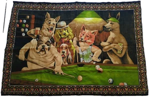 Vintage Dogs Playing Pool Tapestry Made In Turkey 💯 Cotton 55" X 38" A.T.C. - Picture 1 of 15