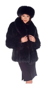 Black Real Fox Fur Coat Jacket for Women Size M Shawl Collar 25 - Picture 1 of 2