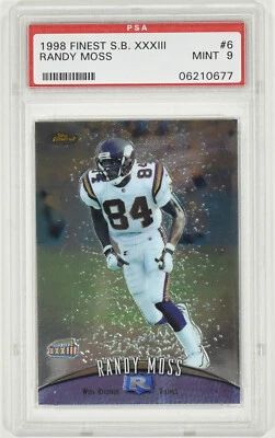 Tarjeta de novato Topps Finest Super Bowl XXXIII 1998 Randy Moss promoción #6 RC PSA 9 Foto 1 de 2
