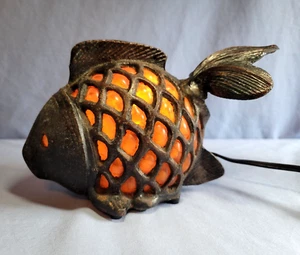 Cast Iron Goldfish Koi Fish Table Accent Lamp Light w/ Amber Glass Decor - Picture 1 of 10
