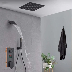 Unterputz-Duschsystem Schwarzer LED-Duschkopf Duschset Regenfall-Kopfbrause - Bild 1 von 17
