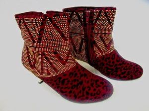 JOAN BOYCE DARK RED WINE LEOPARD EMBELLISHED KITTEN HEEL BOOTS SIZE 8M - NEW - Picture 1 of 4