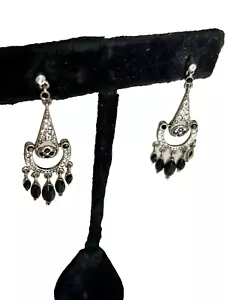 Monet Signed Clear Rhinestone &BlackSilver Tone Chandelier Drop Pierced Earrings - Picture 1 of 3
