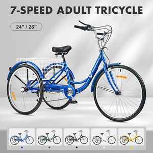 VIRIBUS 24"/26"Adult Trike Tricycle 7 Speed 3-Wheel Bike w/Basket for Shopping - Picture 1 of 19