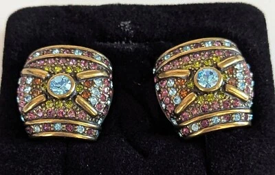 New Heidi Daus Clip Earrings Blue Purple Green Swarovski FAB Signed - Image 1 of 4