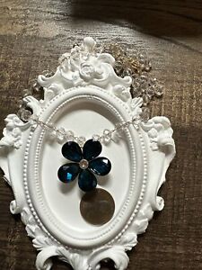 Swarovski Element Blue Crystal Flower Pendant Short Necklace Crystal Beaded