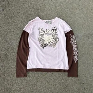 VTG Y2K Route 66 Baby Tee XS/S Longsleeve Love Heart Flower Rhinestone Design - Picture 1 of 5