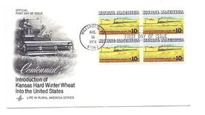 1506 Rural America  Kansas Winter Wheat + Train ArtCraft block of 4 FDC - Picture 1 of 1