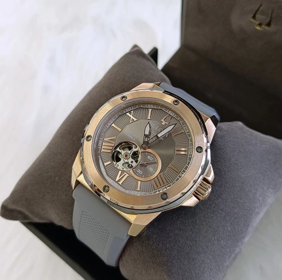 Bulova Marine Star Rose Gold Dial Grey Rubber Strap Men's Automatic Watch 98A228 - Image 1 of 4