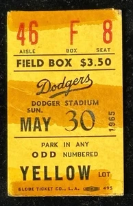 1965 Ticket Sandy Koufax Win 7 YR/9 IP/13 K/Dodgers/MVP/Triple Crown⚾️ - Picture 1 of 3