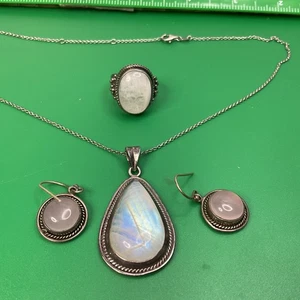 Vintage Cabochon Chalcedon Feinsilber 925 Ohrringe, Ring und Ohrring - Bild 1 von 17