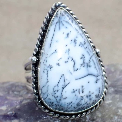 Кольцо с серебряным покрытием из дендритного опала 925 пробы США 9 обязательных ювелирных изделий JW - Изображение 1 из 3