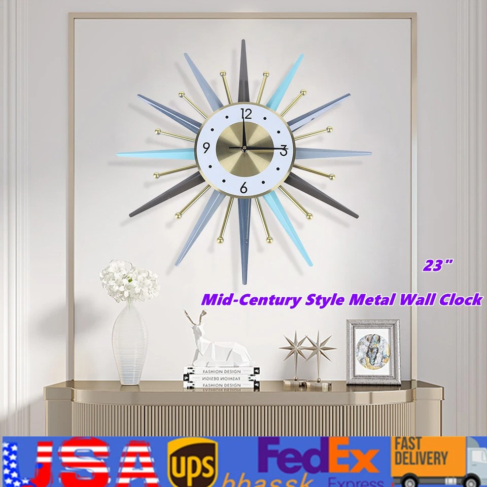 23 Inch Retro Metal Art Sunburst Clock Vintage Mid Century Modern Wall Clock NEW - Image 1 of 4