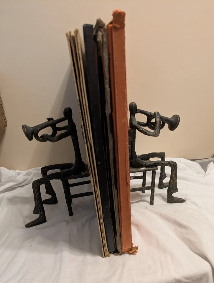 Bookends PAIR Men Playing Jazz Cast Metal Brutalist Style Mid Century Modern - Image 1 of 4