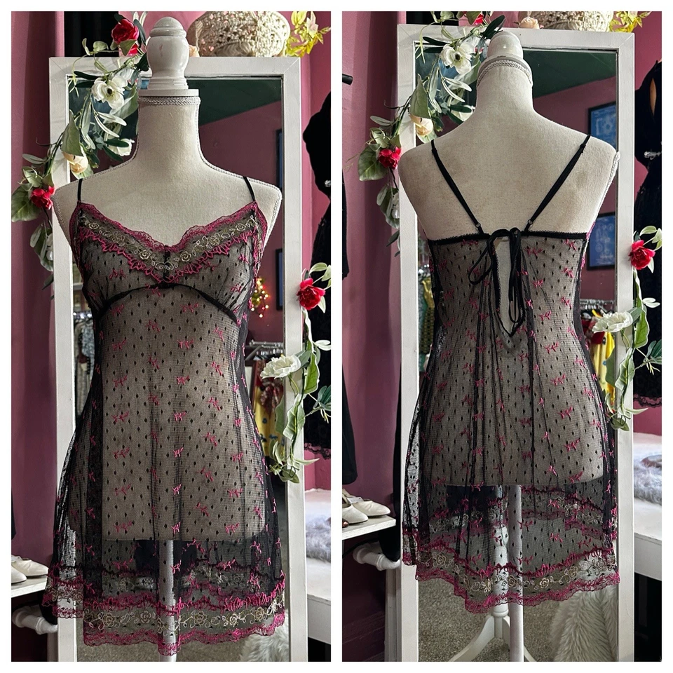 Vintage Y2K 2000s Cami Top Sheer Black Pink Floral Embroidered Whimsy M/L - Image 1 of 4
