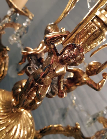 Antique Vintage 6 Arms  Cast Brass & Crystals Cherub  Chandelier Lighting Lamp Cover