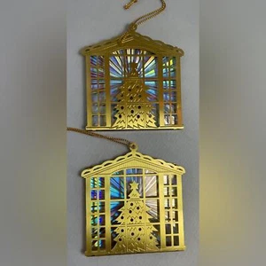Christmas Tree Ornament Pair 90s Avon Gold Iridescent EUC Tree Scene - Picture 1 of 4