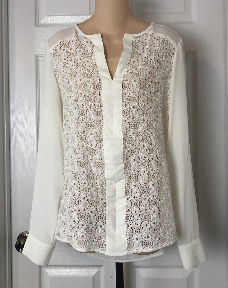 The Limited Lace Front Top Womens Medium Tall MT Ivory Popover Unlined Blouse - Image 1 of 4
