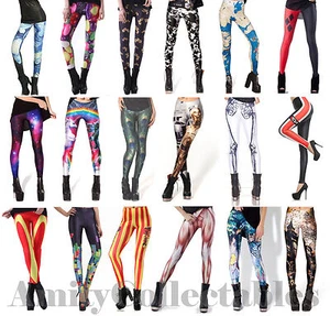 Women's [Ladies] Printed Leggings Stretchy [Galaxy, Halloween, Milk, Black] - Picture 1 of 24