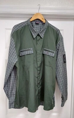 Vintage Bugle Boy Shirt Men's 3X Button Up Long Sleeve Green with Plaid Pockets  - Image 1 of 4