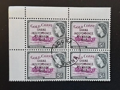 Gold Coast QEII Ghana Independence 1957 OVPT 5 Shillings Surf Boats BLOCK of 4 - Image 1 of 4