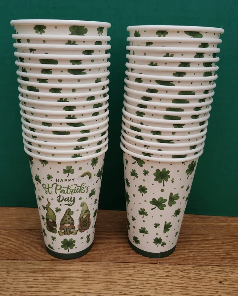 FREE 32 Large 16 oz Vibrant Colorful St Patrick’s Day Gnomes Shamrock Paper Cups - Image 1 of 1