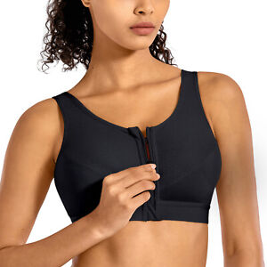 SYROKAN Women's Zip Front Wireless Racerback High Support Zipper Sports Bra