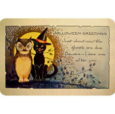 Halloween Cat Sign 12x8 Vintage Black Cat Witch Hat Owl Greetings Ghost After