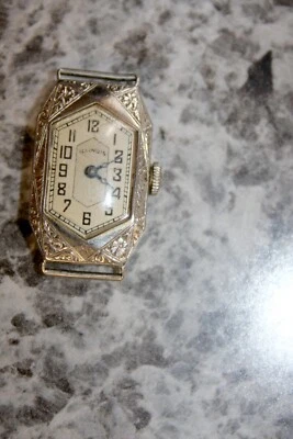 Винтажные женские часы Illinois из белого золота 14 карат с 17 камнями головка нуждается в ремонте - Изображение 1 из 4