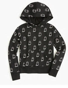 NWT J Crew Crewcuts Sz 14 Ghost Print Hoodie Black Silver & Pink Glitter Hearts - Picture 1 of 6