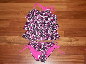 NWT JUSTICE GIRL SWIMSUIT 2 PC TANKINI HOT PINK BLACK WHITE DESIGN SIZE 5 NEW - Picture 1 of 4