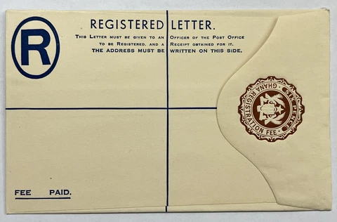 EARLY GHANA 6d UNUSED REGISTERED LETTER COVER FEED PAID BROWN COAT OF ARMS SEAL Cover