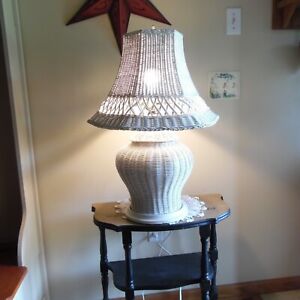 Vintage White  WICKER TABLE LAMP 27"cottage, seashore, country, shabby chic